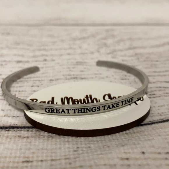 *Metal Marvels GREAT THINGS TAKE TIME Dainty Bangle in Silver - Picture 1 of 3